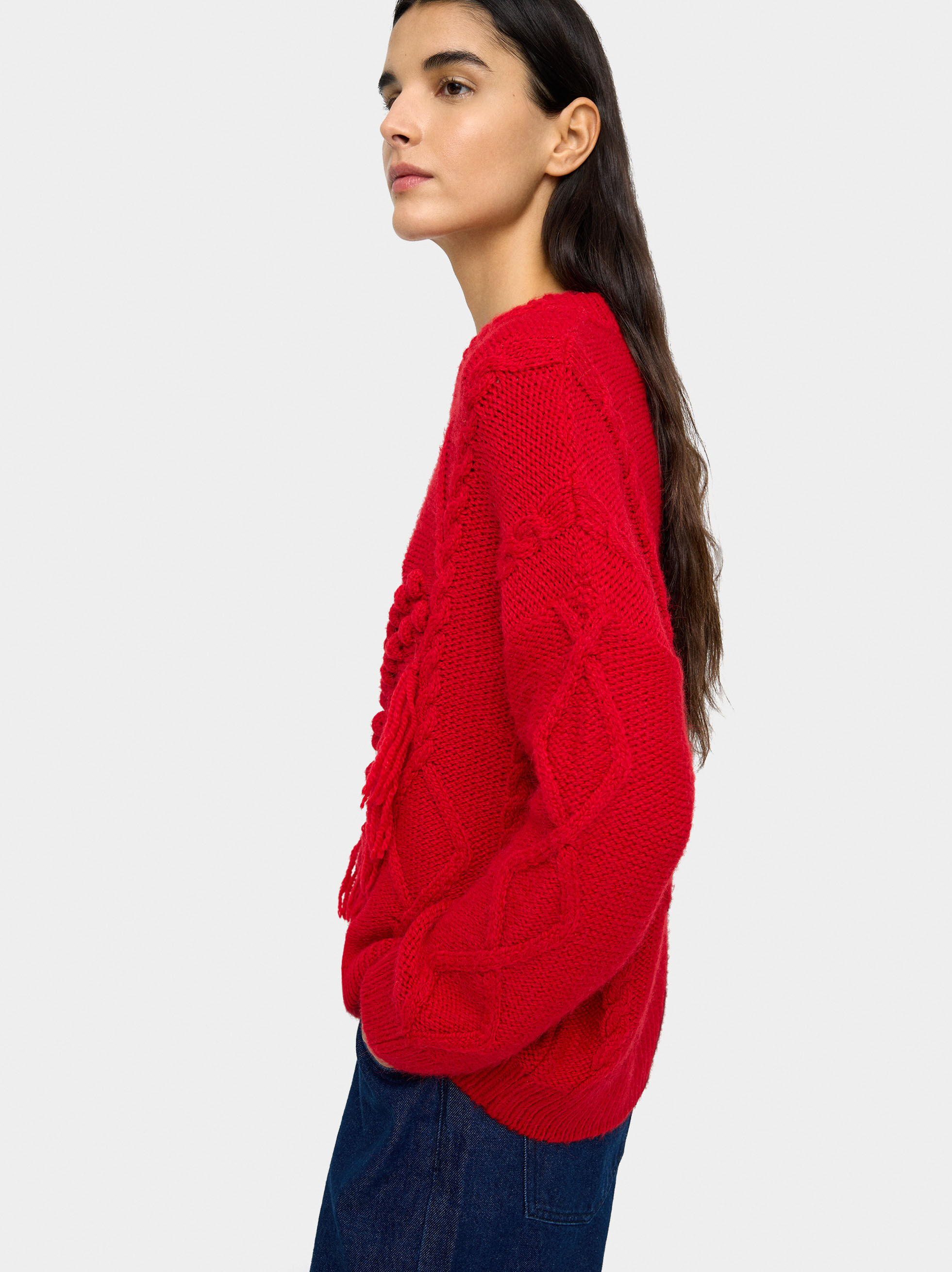 Camisola de malha com franjas e relevos