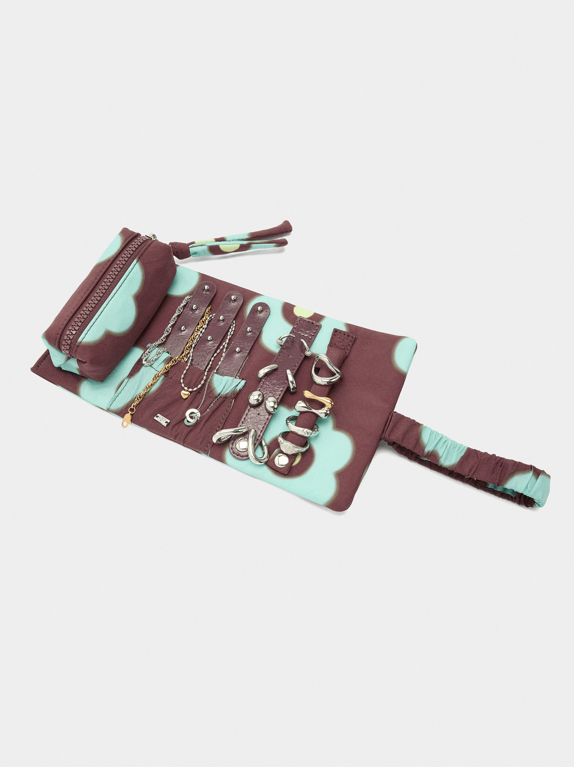 Porta-jóias em rolo estampado de nylon