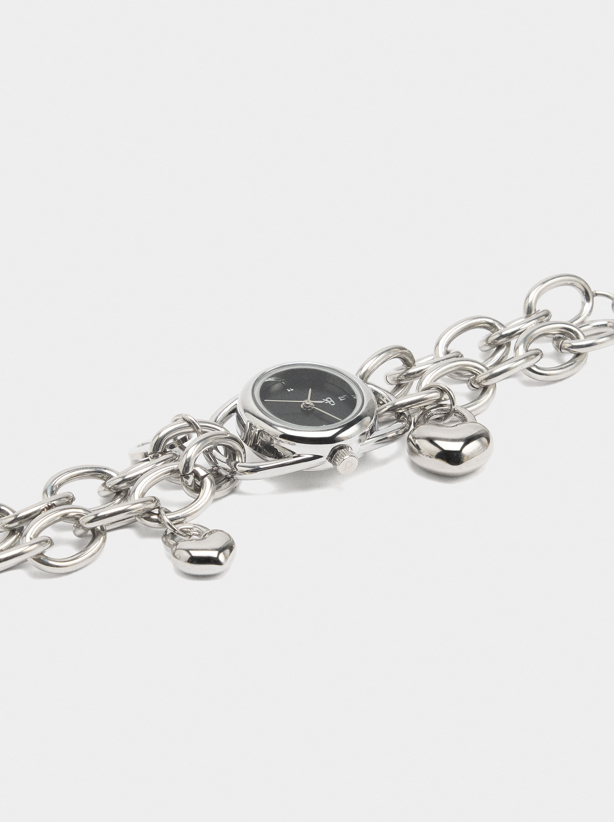 Relógio pulseira de elos com corações