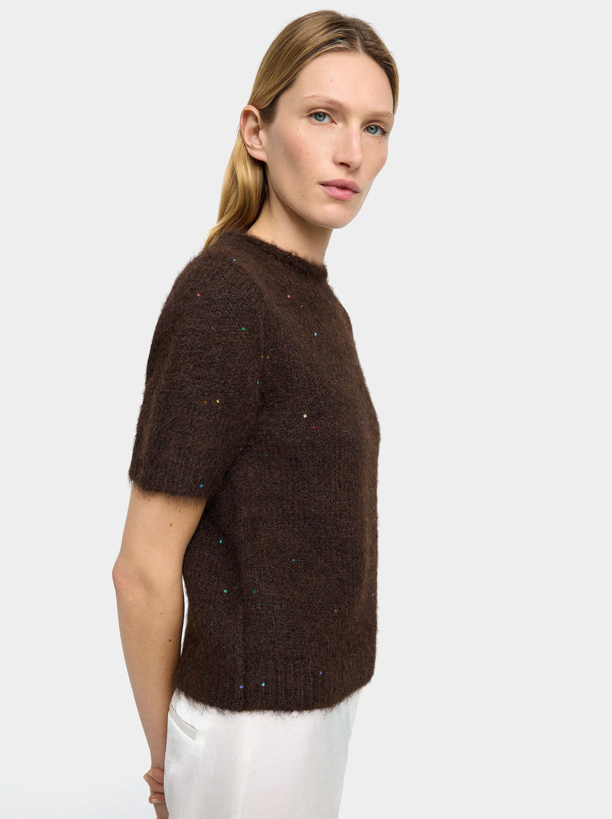 Camisola de malha manga curta lantejoulas